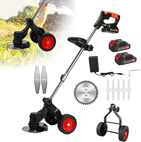 HshDUti Cortacésped inalámbrico, cortacésped inalámbrico 3 en 1 con cuchillas, 21 V 2000 mAh, desbrozadora eléctrica de malezas, recortadora de césped recargable de 850 W con 2 baterías, 2 ruedas