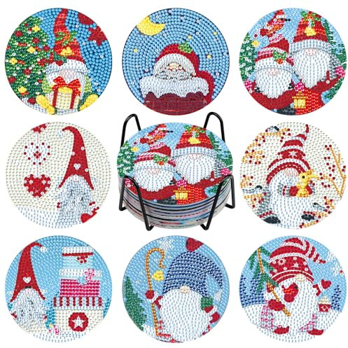 NAIMOER 8Stück Gnomes Diamond Painting Untersetzer mit Halter, DIY Weihnachten Untersetzer, Kaffee Diamant Painting Untersetzer für Erwachsene Kinder, Getränke Untersetzer, 5D Diamant Untersetzer