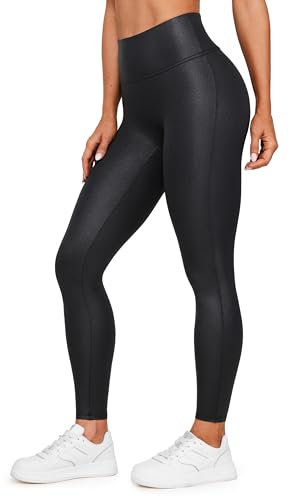 CRZ YOGA Women's Butterluxe 28'' Matte Faux Leather Leggings - No Front Seam High Waist Stretch Gym Leggings Pleather Pants Black Classic 12