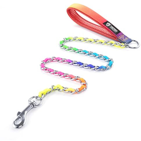 TSPRO Hundeleine Kette, Hundekette Leine Bissfest mit Weichem Griff, Leine Metall Hunde Kette für Mittelgroße und Große Hunde, mit D-Ring Rostfrei Anti-Kauen Kettenleine Regenbogen (3MM, Rainbow)