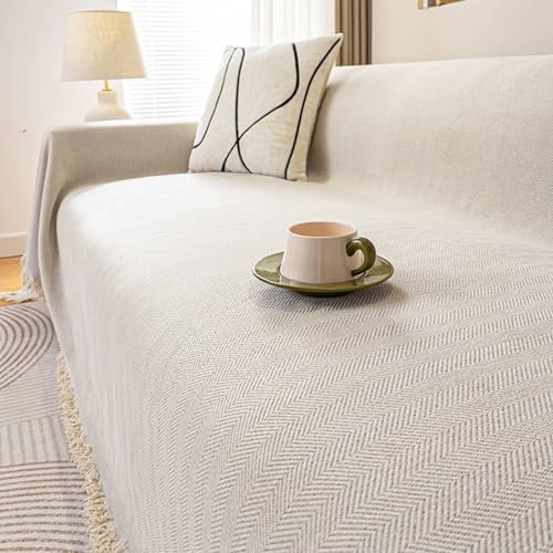 Gualiy Couchbezug 180x260cm, Einfarbig Fischgrät Strukturiert mit Fransen Couchbezug 2 Sitzer Überwurf Sofa Katzenschutz Cremig Weiß Sofa Überzug für Wohnlandschaft