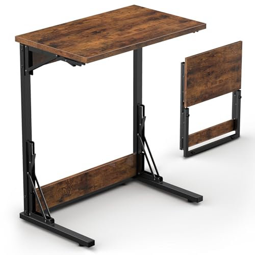 Tatub Folding C Shaped End Table, Small Sofa Side Laptop Desk, Narrow Couch TV Tray for Living Room, Bedroom, Rustic Brown (23.6 X14.6 X 27.6)