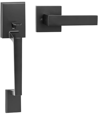 VEVOR Manija de puerta delantera, juego de manija cuadrada negra mate con manija de puerta sin cerradura, espacio de orificio ajustable, manija de puerta de entrada con reversible para entrada