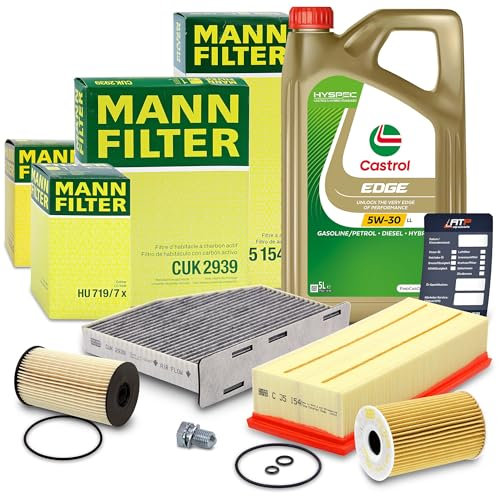 MANN-FILTER Inspektionspaket Filterset 1x Ölfilter, 1x Kraftstofffilter, 1x Luftfilter, 1x Innenraumfilter (Aktivkohlefilter), 1x Motoröl 5W-30 L EDGE FLUID TITANIUM 5l,
