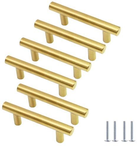 Cjueiom 6 Pack Gold Cupboard Handles 64mm Hole Center T Bar Handles, Stainless Steel Drawer Pulls Long Wardrobe Door Handles, 100mm Length Kitchen Cabinet Pulls for Bedroom Drawer