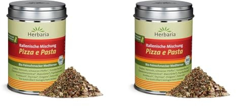 Herbaria Pizza e Pasta bio 100g M-Dose - fertiges Bio-Pasta- & Pizzagewürz für italienische Gerichte - mit erlesenen Zutaten - in nachhaltiger Aromaschutz-Dose (Packung mit 2)
