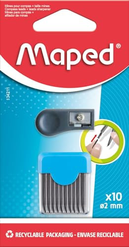 Maped - Étui Rigide de 10 Mines de Rechange 2 mm + 1 taille mines pour Recharge Compas Scolaire - Mine + taille mines Compas Maped avec Pointe 2 mm HB