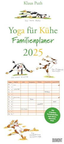 DUMONT - Yoga für Kühe 2025 Familienkalender, 22x49,5cm, Planer mit 6 Spalten für die ganze Familie, Jahresübersicht 2026 und Schulferientabelle, deutsches Kalendarium