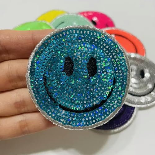 1 x Smile-Patches zum Aufbügeln für Kleidung, runde Pailletten, Abzeichen, buntes Smiley-Gesicht, Applikation für DIY-Zubehör