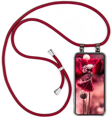 moex Handykette für Samsung Galaxy S24 Hülle mit Band abnehmbar, Handyhülle mit Kette zum Umhängen, Handyband 155 cm lang Stoff Kordel Umhängehülle, Handy Umhängeband, Weinrot