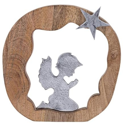 Dekofigur Betender Engel 20x20cm Holzfigur Glücksengel Mangoholz Aluminium