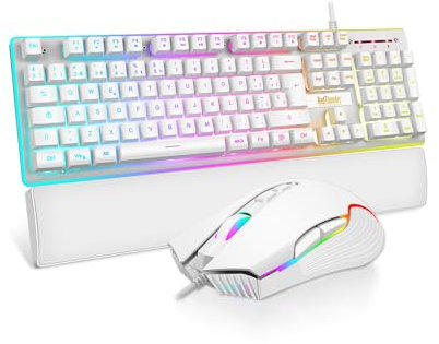 RedThunder K10 Juego 3 en 1 de Teclado, Ratón y Reposamuñecas de Cuero, Retroiluminación RGB+Tacto Mecánico, Teclas Anti-Ghosting + Ratón 7D 7200DPI, Layout Español, Compatible con PC/PS5/Xbox Blanco