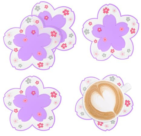 Wocoxo Untersetzer für Getränke, Modernes Blumenmuster Silikon Untersetzer, 4 Stück rutschfeste Untersetzer für Verschiedene Tassen (Blume Lila)
