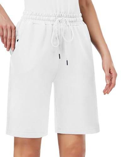 MOVE BEYOND Damen Bermuda Shorts Kurze Hose Sommer Baumwolle Sporthose Jogginghose Knielang mit 3 Taschen, Weiß, S