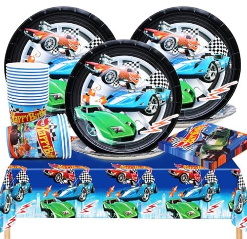 Huaxintoys Carreras Vajilla de Fiesta Cumpleaños,Carreras Vajilla Set incluir 16 Platos de Postre,16 Vasos de Papel,20 Servilletas y 1 Mantel,para Cars Cumpleaños Decoraciones Suministros Fiestas