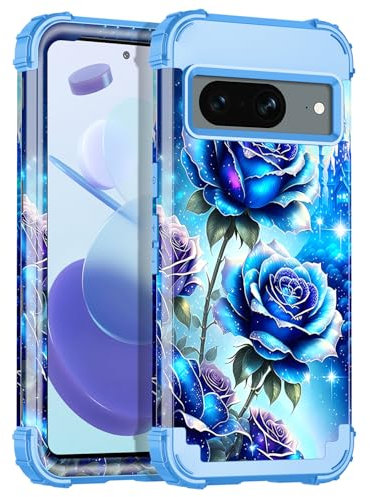 Petocase for Google Pixel 8 Case,Three Layer Heavy Duty Shockproof Full Body Protection Hard Plastic Bumper +Soft Silicone Rubber Protective Girls Women Cover Case for Google Pixel 8,Blue Rose