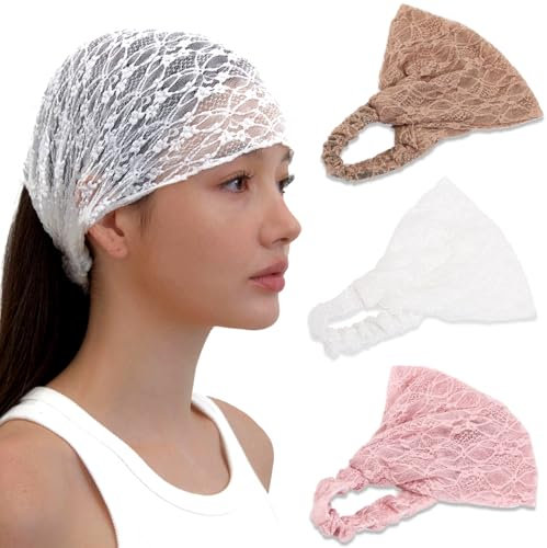 LONEEDY 3 Stück weiche Spitzen-Stirnbänder für Damen, 2-Wege-Bandana-Haarband für Mädchen, tägliches Haar-Accessoire (weiß + rosa + braun, Einheitsgröße)