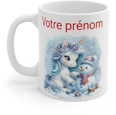 Mug Licorne Personnalisable avec Prénom et Bonhomme de Neige - Cadeau Hivernal Fantaisie