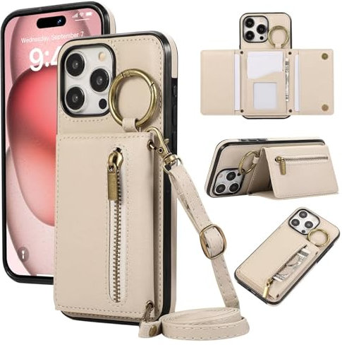 ESONG handykette Wallet Schutzhülle für Samsung Galaxy S24 FE, Geldbörse Leder Stoßfest Frauen Ring Case Cover mit Kordel Band, Kartenfach, Ständer, Brieftasche klapphandyhülle Beige