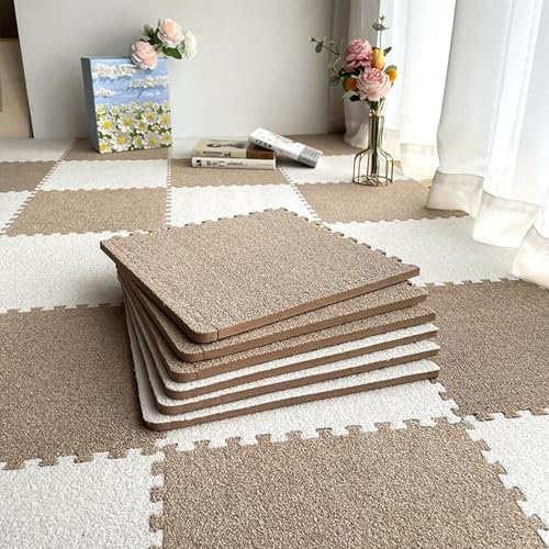 10PCS Plüsch-Puzzle-Bodenset, quadratisch, weich, dick, ineinandergreifende Teppichfliesen mit Rand, Rutschfester Spielmatten-Puzzle-Teppich, 30 x 30 cm(Light Brown+White)