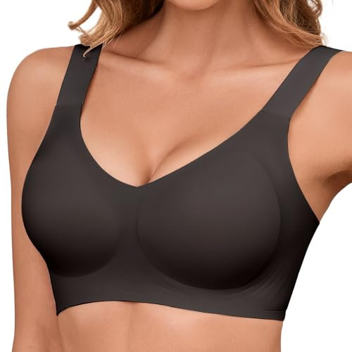 CMTOP BH Damen ohne Bügel Komfort Vollschalen Push Up Damen-bhs V-Ausschnitt Nahtloser BH Große Brüste Starker Halt Weich High Elastizität Bustier Gepolstert Bralette mit BH-Verlängerung(Schwarz, XXL)