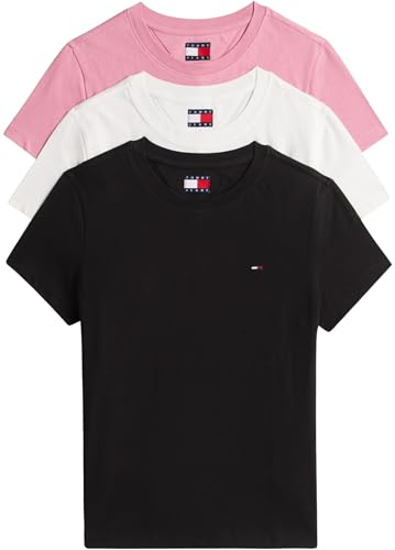 Tommy Jeans Damen 3er Pack T-Shirts Kurzarm mit Rundhalsausschnitt, Mehrfarbig (Black/Ecru/Mystic Pink), XL