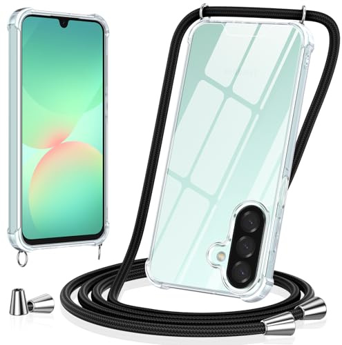 Vauki Funda con Cuerda para Samsung Galaxy A26 5G, Carcasa Transparente PC+TPU Suave Silicona Correa Colgante Ajustable Collar, Protección Case con Cordón para Samsung A26 5G, Negro