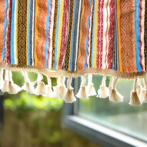 AMDXD Scheibengardine Halbtransparent 1er, Vertikal Geometrisch Streifen Muster mit Quaste Orange Rot Blau Küchengardine Kurzstore, Haken Baumwolle Leinen Vorhänge Schal Wohnzimmer, 132x80cm