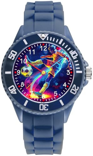 Alienwork Fußball Jungs Lernuhr Kinderuhr Jungen Uhrzeit Lernen Marineblau Silikon-Armband Mehrfarbig Kinder-Uhr Wasserdicht 5 ATM Zeit Lernen