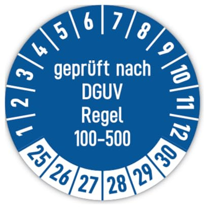 Aufkleber: ⌀ 25 mm, 20 Stück, blau, Mehrjahresprüfplakette, 2025, 2026, 2027, 2028, 2029, 2030, Hochleistungsfolie, Sprache: deutsch, Text: geprüft nach DGUV Regel 100-500