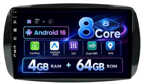 MSD Autoradio für Mercedes-Benz Smart 453 Fortwo (2014-2020) | 4G+64G,Octa-Core - Android 16 GPS Radio | CarPlay Android Auto Lenkradsteuerung Dual-Band WiFi DSP DAB | Rückfahrkamera | 2 Din 9 Zoll