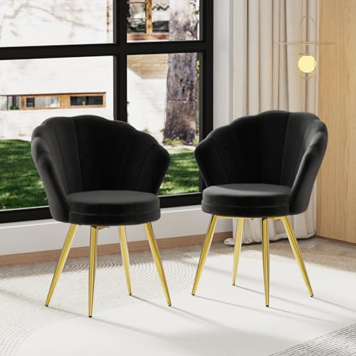 PIPIPOXER Chaise Coiffeuse Noir, Fauteuil Coquillage en Velours avec Dossier en Velours Doux et Pieds en métal doré, pour Salon, Chambre à Coucher, Coiffeuse Noir