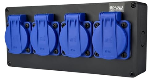 RoadEu – Stromverteiler 4x Schuko 230V 16A IP44 | Aufputz Mehrfachsteckdose vorverdrahtet | Baustromverteiler mit PG13,5 Verschraubung | Werkstatt, Baustelle & Keller