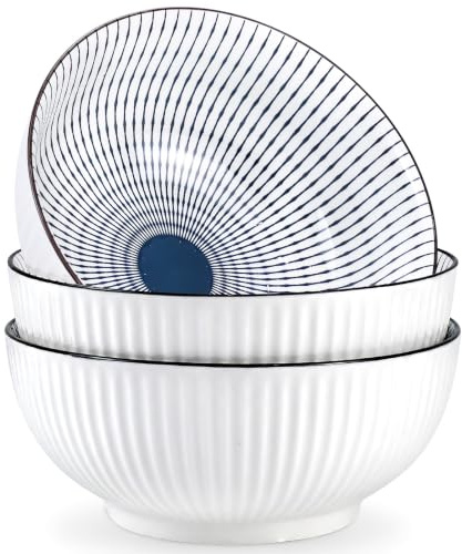 Japanese Ramen Bowls Set of 3, 1800 ml Large Soup Bowl (Striped Pattern | Porcelain Pho Bowls, Blue and White Ceramic Big Bowls, for Noodles Salad Cereal, Microwave & Dishwasher Safe