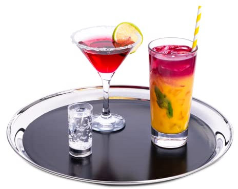 Stainless Steel Bar Tray with Black PVC 14 Inch - Non Slip Bar Tray, Waiters Tray, Drinks Tray