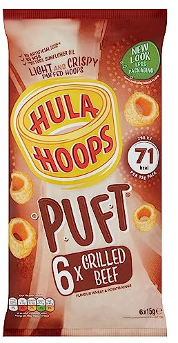 Hula Hoops PUFT - BEEF Multipack 6 x 15g Bags - Deliciously light and crispy puffed hula hoops - Completely free from artificial flavours, colours and MSG, Suitable for Vegetarians