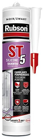 RUBSON ST5 , Mastic sanitaire spécial carrelages périphériques, Joint silicone à base aqueuse sans odeur, anti-moisissures, Coloris noir, cartouche 300ml