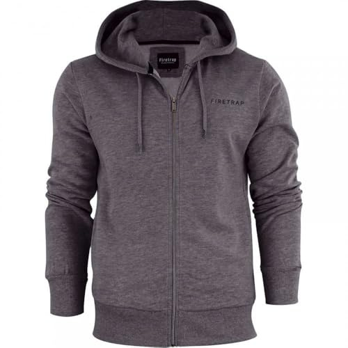 Firetrap Original Mens Designer Classic Full Zip Thru Hoodie Hooded Sweatshirt Jacket Jumper Charcoal Grey M