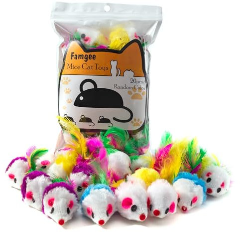 Famgee Lot de 20 jouets en fourrure pour chat avec queue en plumes (couleur aléatoire)