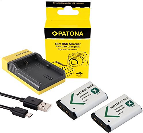 pabuTEL-Bundle 2in1-SET Slim Ladegerät + 2 Akku für Sony CyberShot RX100 I II III IV V VI - kompatibel mit Sony Akku NP-BX1 - Ladeschale mit microUSB