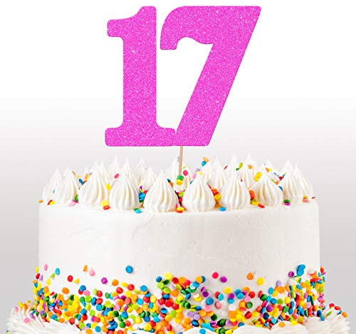 Cakeshop 17th Birthday Glitter Cake Topper, Age 17 Cake Topper Decoration, 17th Anniversary - Double Sided 400gsm Glitter Card, Choice 14 of Colours and Loads of Styles (Bright Pink)