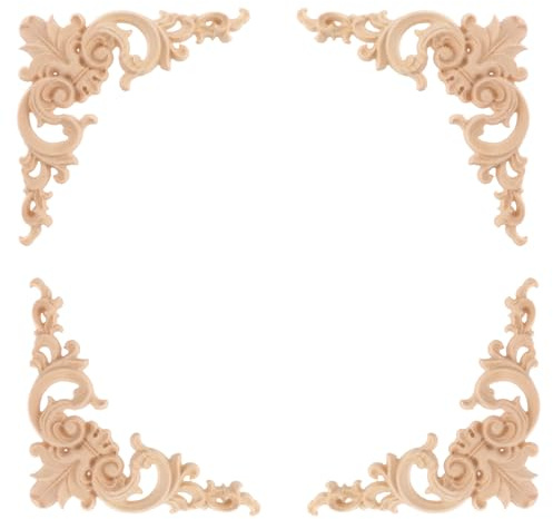 LIOOBO 4pcs Solid Wood Carved Corner Onlay Applique Frames Unpainted Wood Onlay for Cabinet Door Mirror and Wall Decoration European Style Furniture Trim for Diy Home Decor