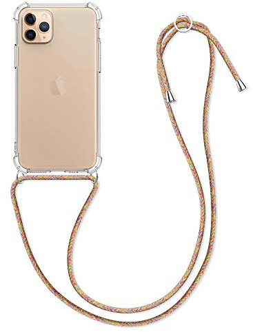 kwmobile Crossbody Case Compatible with Apple iPhone 11 Pro Case - Clear TPU Phone Cover w/Lanyard Cord Strap - Transparent/Dark Pink/Violet