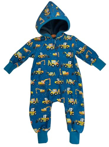 Lilakind“ Baby Kinder Softshell Overall mit Kapuze Baufahrzeuge Autos Blau Gelb Gr. 80-128 - Made in Germany