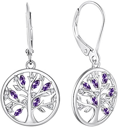 JO WISDOM Orecchini Albero Della Vita Argento 925 Donna con 3A Zirconia Cubica Febbraio Birthstone Colore Ametista