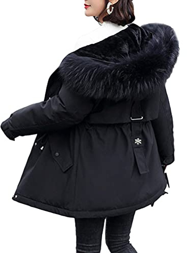 Minetom Manteau Femme Hiver Doudoune Chaud Parka Longue Blouson À Capuche en Fausse Fourrure Trenche Grande Taille Duvet en Coton C Noir XS