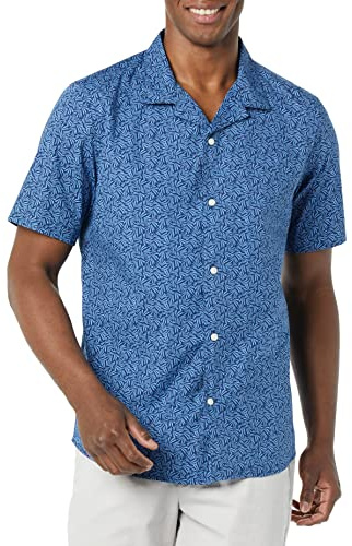 Amazon Essentials Men's Vacation Cotton Button-Down Resort Shirt, Short Sleeve, Indigo Palm Leaf Print, XL