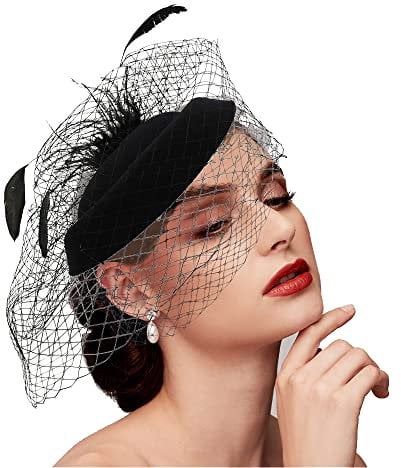 BUENTYA Fascinator Vintage Schleier Hut 1950er Hochzeitshut Pillbox Mit Feder Mesh Gesichtsschleier Tea Party Kopfbedeckung für Mädchen Frauen Schwarz