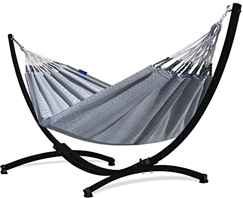 Potenza Outdoor Hängematte mit Gestell für 2 Personen I Medelin - 100% Baumwolle Doppelhängematte 220x140, 160kg I Hängemattengestell 220kg, wetterfest (B&W Latte, Gestell Schwarz)
