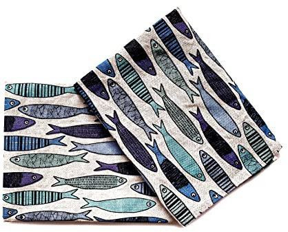 JOWOLLINA 2er-Set: Gourmet Geschirrtücher Küchenücher Handtücher Tücher 44x68 cm Halbleinen Stonewashed Bedruckt (Sardine blau)